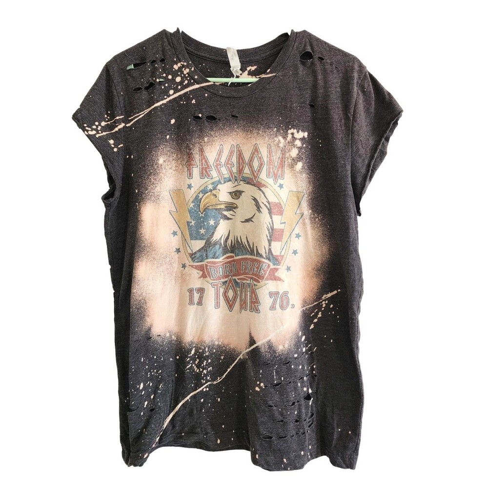 Distressed Graphic T-shirt Featuring 'Freedom Tour 76'' Design. Size Large